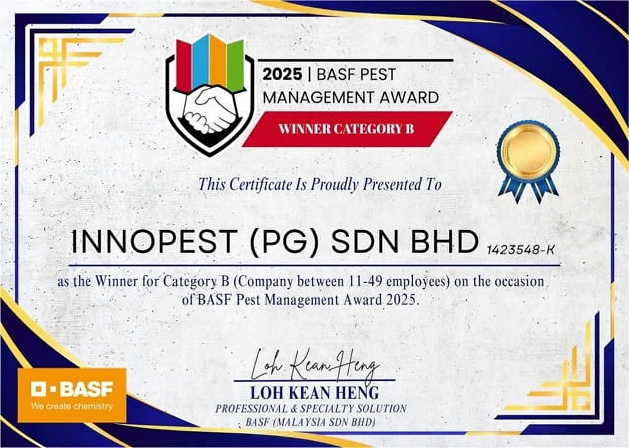 Innopest – BASF Pest Management Award 2025 Certificate, National Winner (Category B) – Pest Manager of the Year presented at FAOPMA Pest Summit 2025.