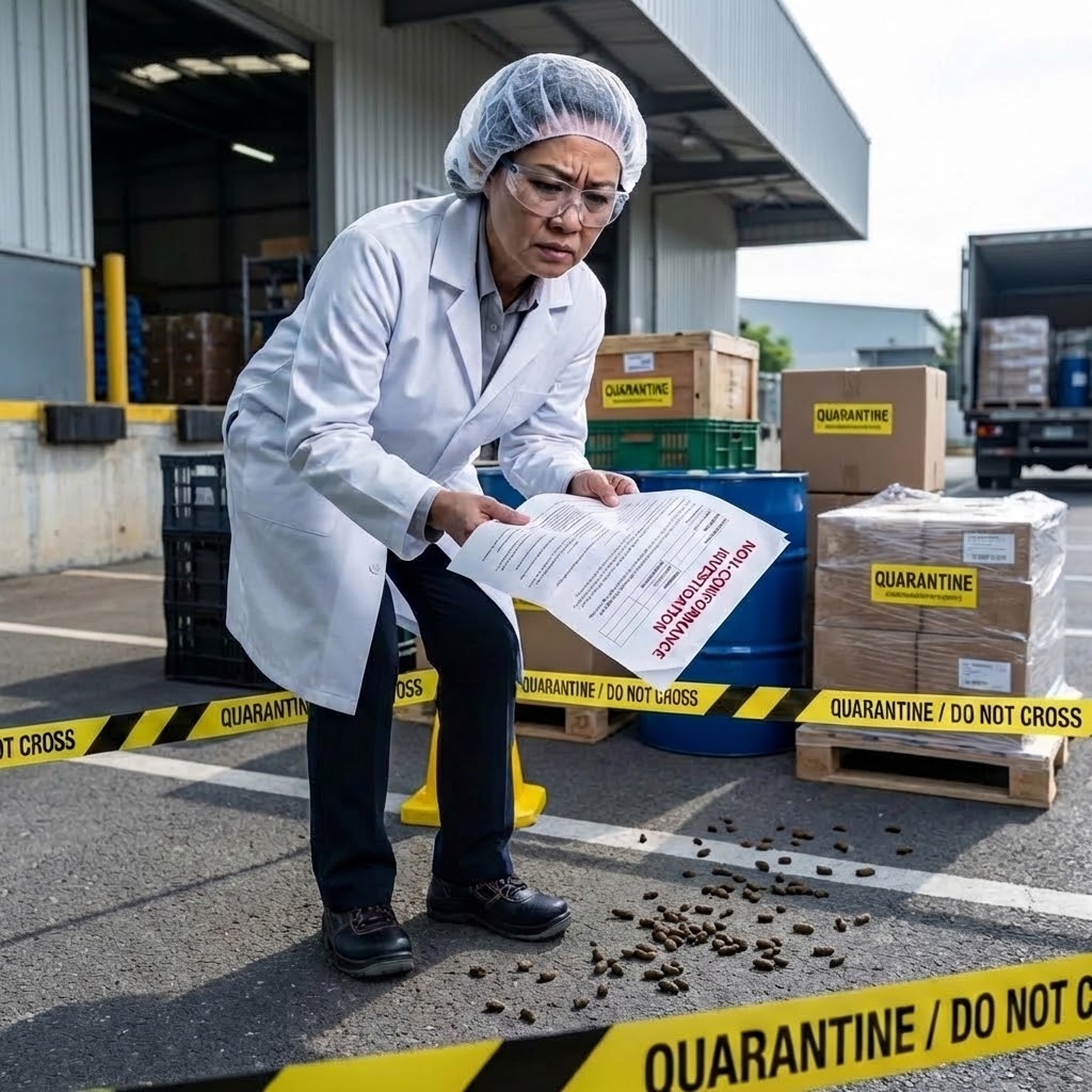 image_02 A photorealistic image showing a stressed Asian Quality Assurance manager in a hairnet and lab coat, holding a printed report and looking at a line on the factory floor that has been taped off for investigation. The lighting should be cool and clinical, emphasizing the seriousness.